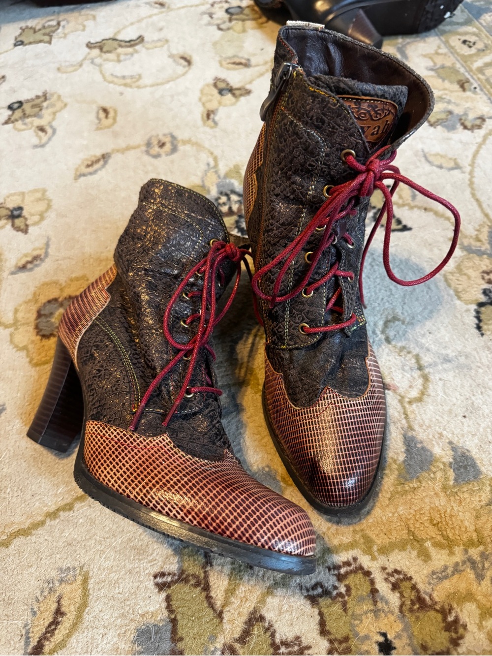 Lace-Up Ankle Boots in Black & Burgundy with Textured Detail